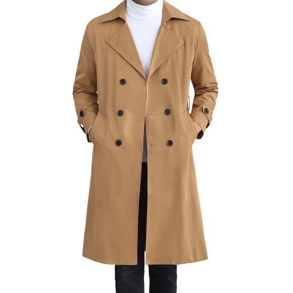 Belted Double Breasted Long Jacket Windbreaker Casual Overcoats Brown - Picture 1 of 7